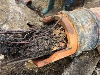 A drain pipe showing severe root ingress, causing a complete blockage that needs to be cleared.